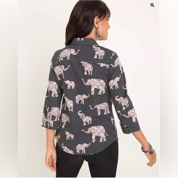 Chico's Size 1 Black Polka Dot Elephants Button Up Shirt No Iron Stain Sheild - Picture 3 of 14